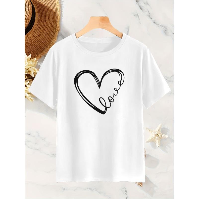 European Size Women's Heart Print Crew Neck Short-Sleeved T-Shirt - Heart Pattern Print T-shirt, Convenient Pattern Design, Loose Casual Top