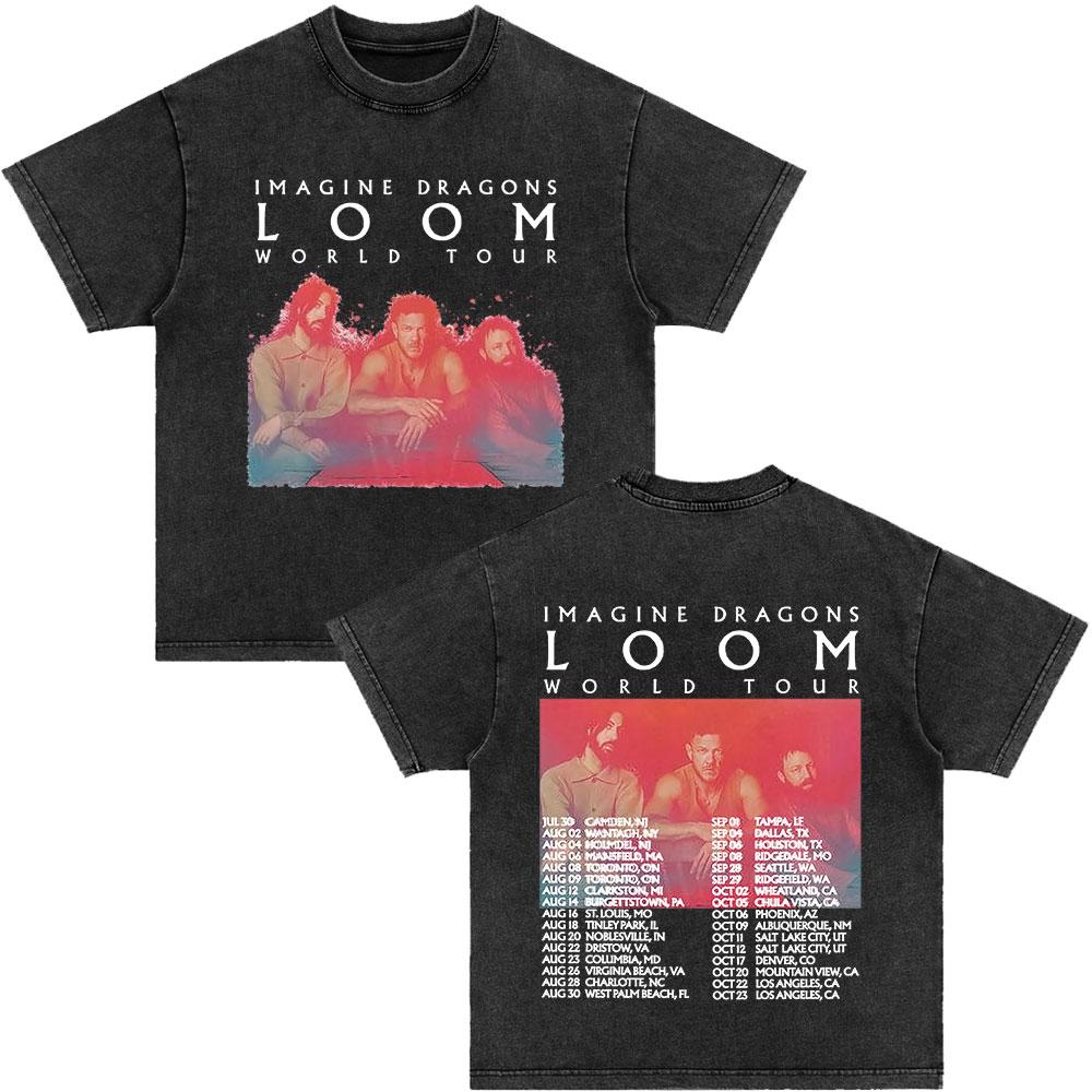 Imagine Dragons Loom World Tour Vintage Washed T Shirt Rock Band Tshirt Men Women High Quality Cotton Short Sleeve T Shirt