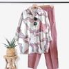 Conjunto de Dos Piezas a Rayas para Mujer Camisa Blusa de Manga Larga con Solapa y Botones y Pantalón Traje Deportivo Casual de Verano