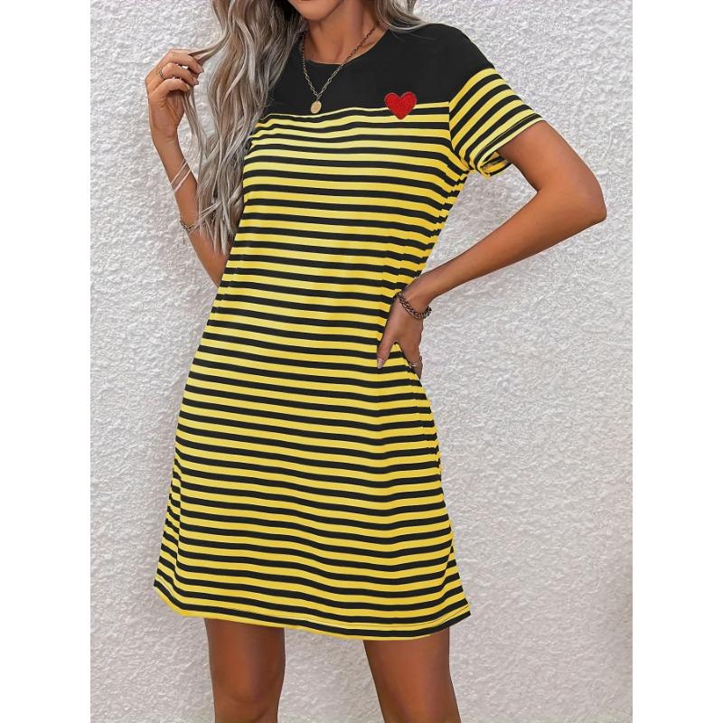 

VEZFAA Женские Модные Летние Весенние Платья с Принтом в Полоску, с Коротким Рукавом, с Круглым Вырезом, Свободного Покроя по Линии Талии, Повседневные XXL