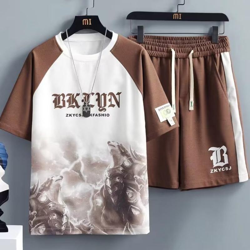 Summer Men's Personalized Letter Print Comfortable Breathable Round Neck T-shirt Shorts Set Outdoor Street Style Outfit