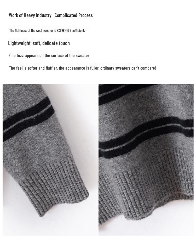 Xiao He Women's Classic Stripe 100% Pure Wool Sweater - Round Neck, Color Block, Loose Fit, Slimming, Soft, and Fluffy.
