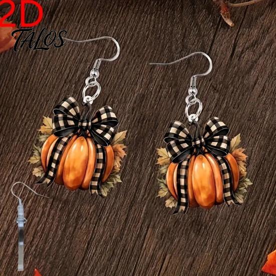 Lightweight Fall Accessories 1 Pair Pumpkin Earrings for Women, Acrylic Dangle Drop Retro Plaid Bow with Bow, Halloween Jewelry Holiday Party