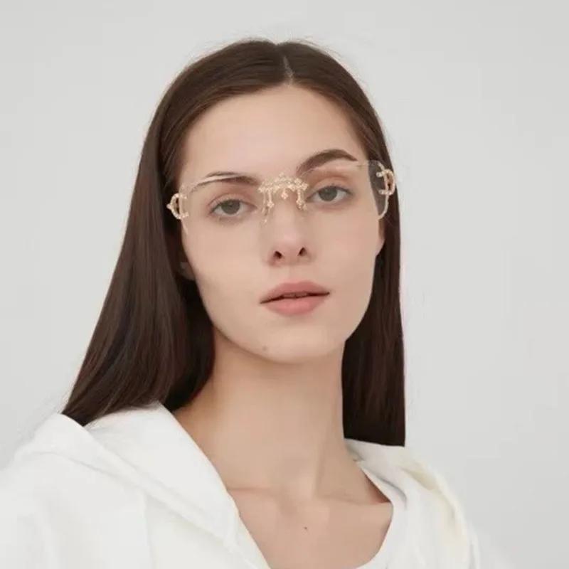 Vintage Y2k Rimless Square Cutting Lens Sunglasses Women For Men Luxury Brand Designer Popular Punk Diamond Cross Eyewear UV400