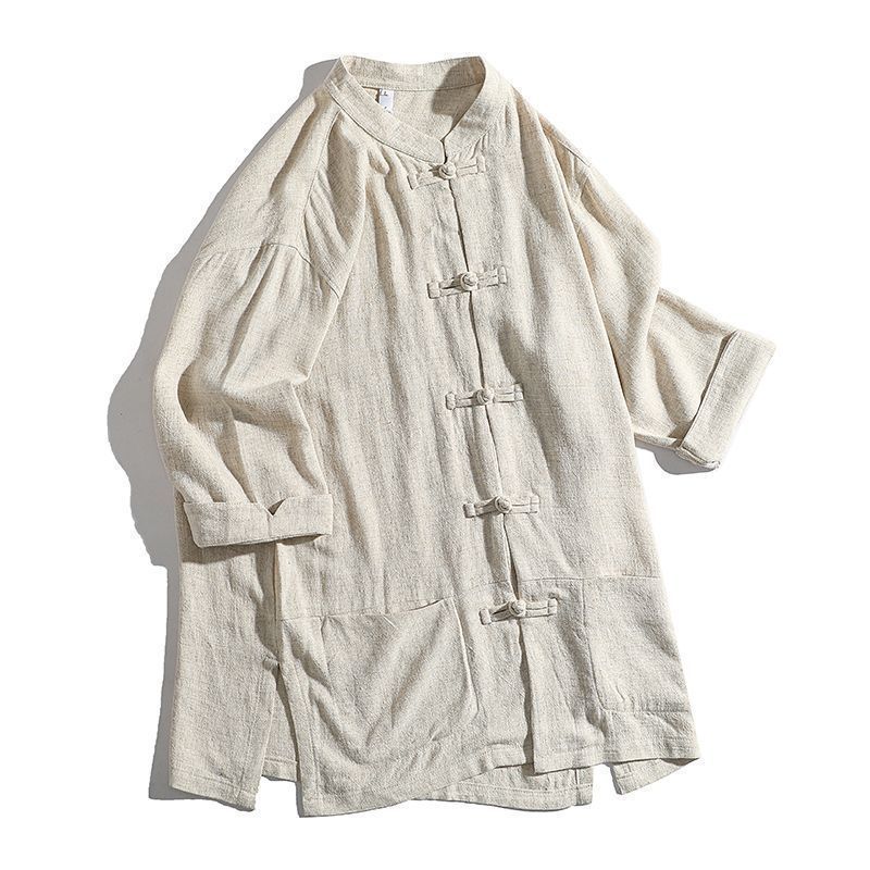 Camicie Stile Cinese Tang Suit da Uomo Moda Estiva Manica Corta Camicie Imitazione Lino Uomo Collo alla Coreana Top con Rilievo di Bambù