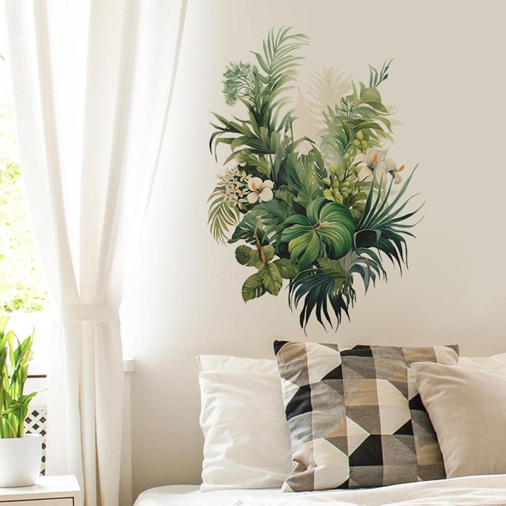 Tropical Plants Wall Decal, Peel and Stick Vinyl Stickers, Green Leaves and W