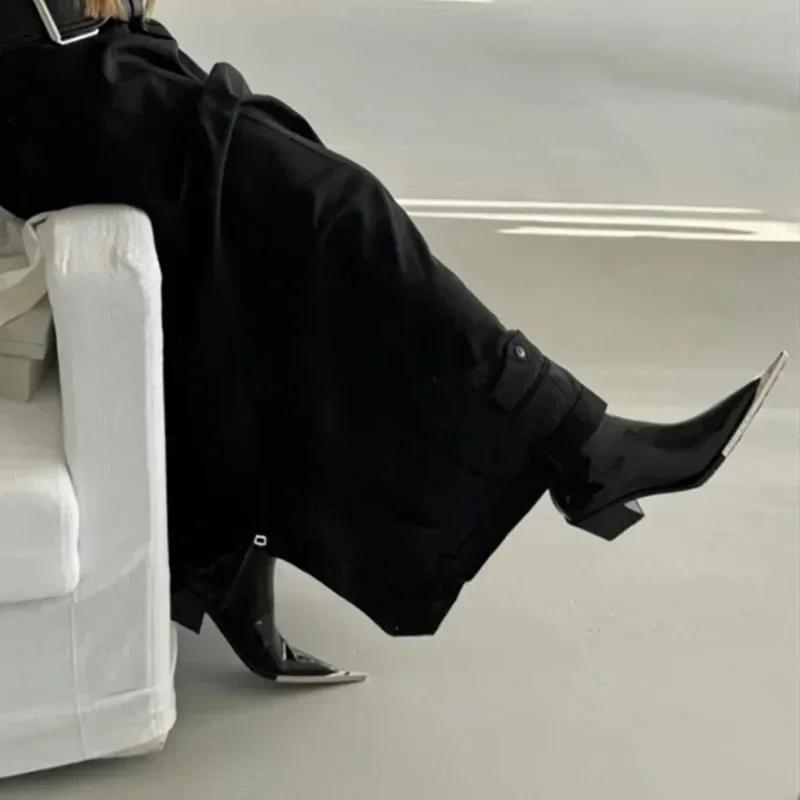 Fashion Luxury Designer Pointed Toe Chelsea Boots Women 2025 Fall Chunky Heel Metal Toe Decoration High Heels Side Zip Black Ankle Boots