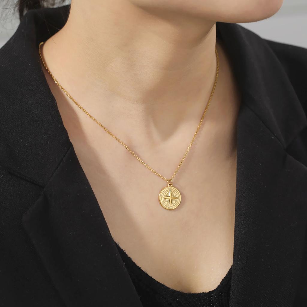 Cazador North Star Pendant Necklace for Women Gold Color Coin Stainless Steel Choker Chain Necklace Jewelry Mother Day Gift New