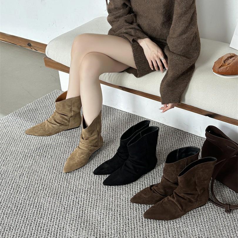 Inner heightening pile short boots women's shoes 2025 spring and autumn single boots pointed khaki with skirt high heel thin boots