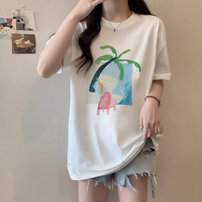 

Хлопковая футболка с принтом, летняя, с коротким рукавом, женская, свободного кроя S белый