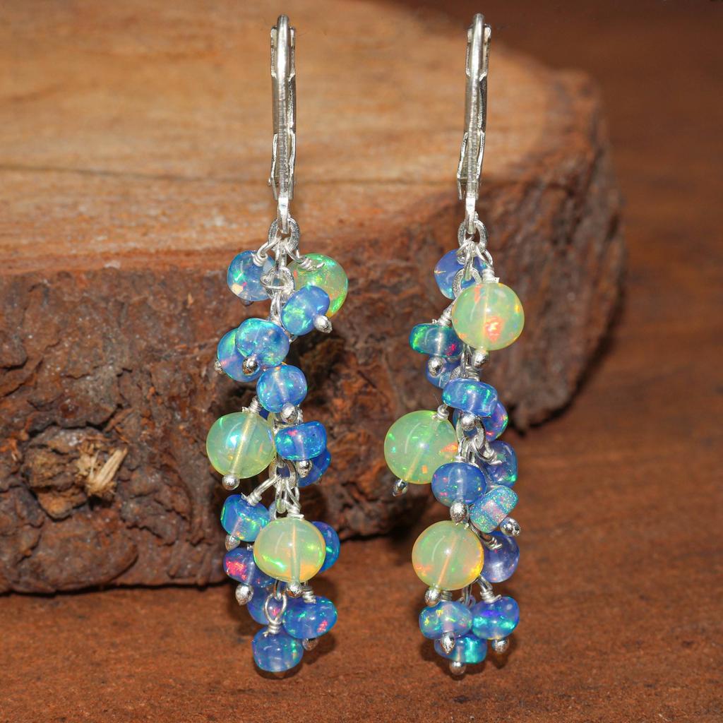 Blue & Yellow Opal Cluster Earrings: Sterling Silver / Gold Filled