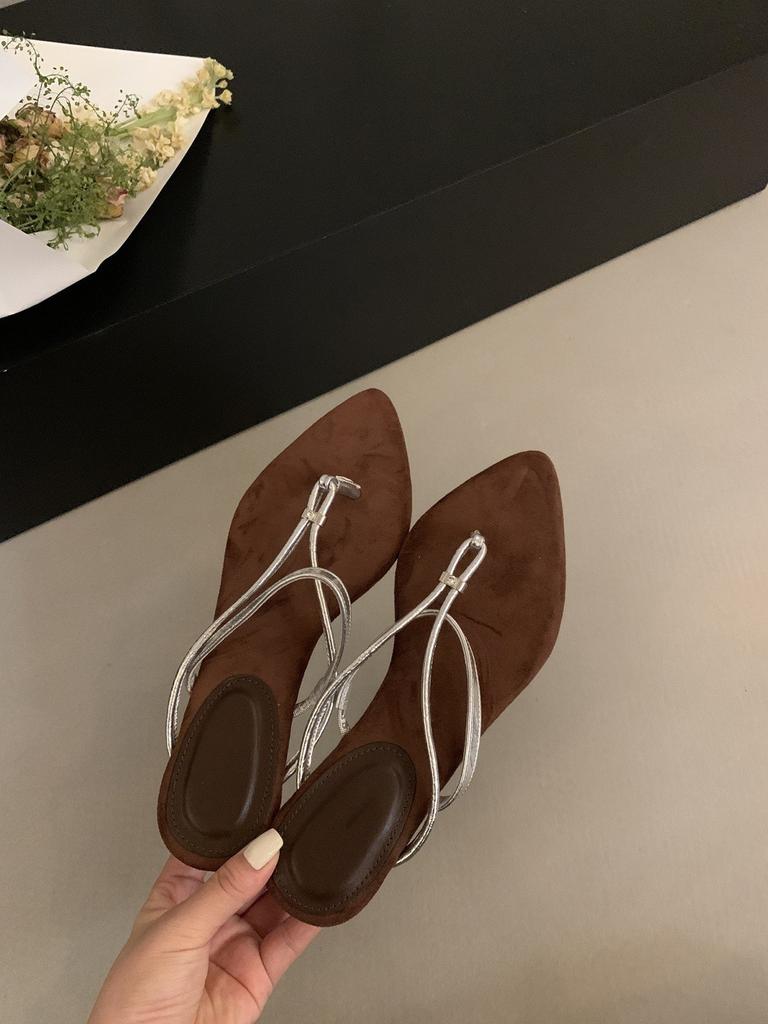 French Pointed Silver Wedge Heel Cool Slippers Women's Outer Wear 2025 Summer New Niche Toe Thin Strap Roman Sandals