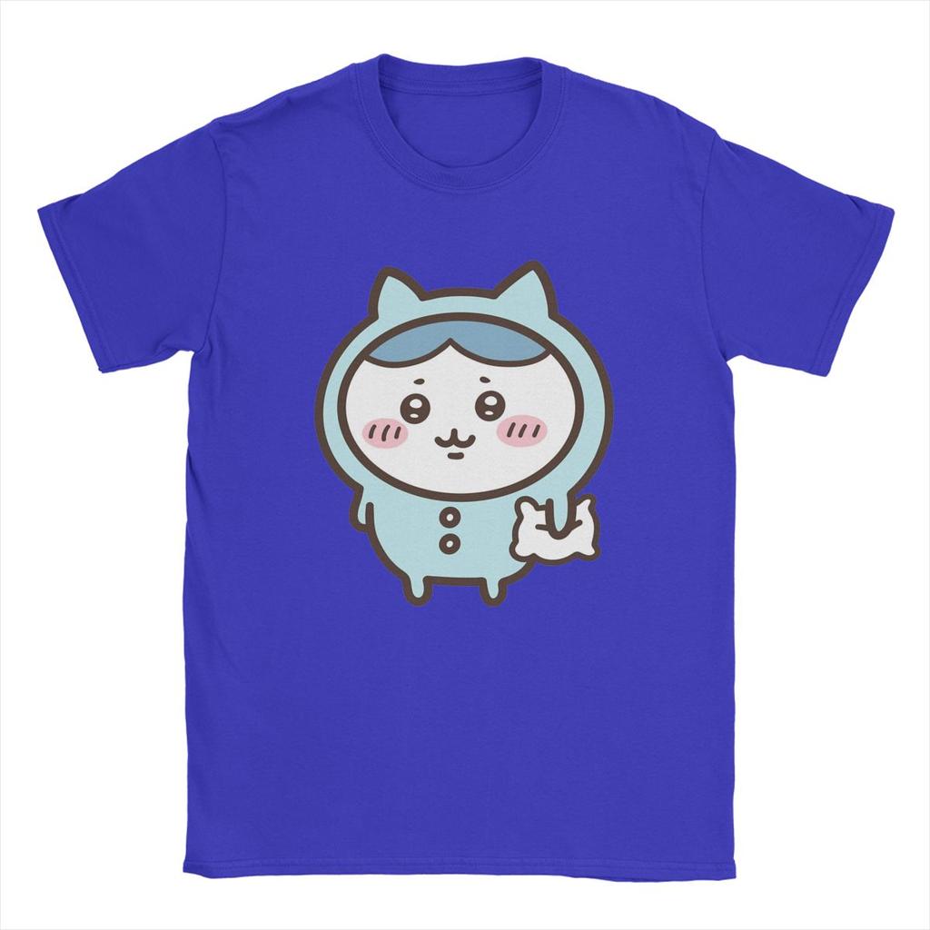 Men T-Shirt Hachiware In Blue Pajamas Chiikawa Humorous Pure Cotton Tee Shirt Short Sleeve T Shirt Crewneck Tops Birthday Gift