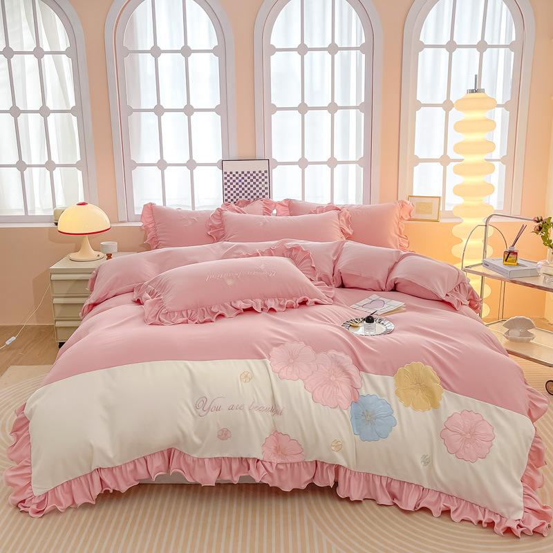 Lace Princess Wind Four-piece Set Washed Cotton Bed Sheet Quilt Cover Embroidered Small Fresh Bedding