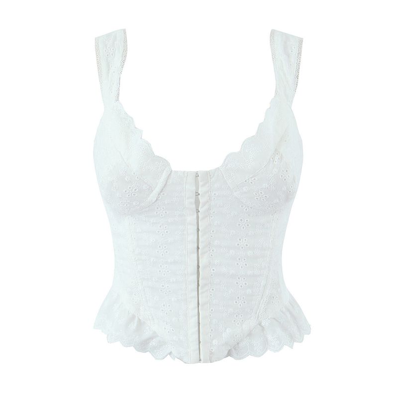 

French style Gyaru Set Women 2025 New Pure Embroidery Fishbone Sling Small Top + High Waist Frill Long dress White sling 7241 S