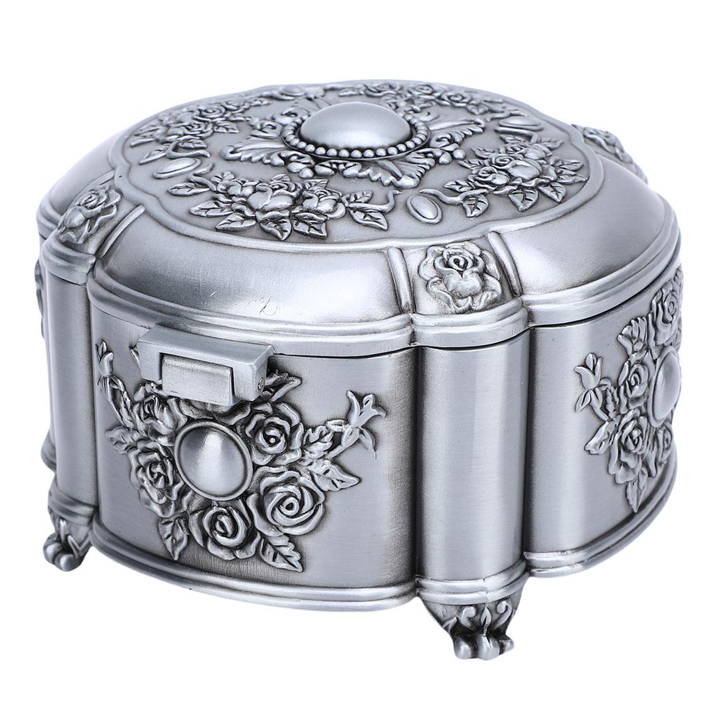 Vintage Jewelry Storage Box Zinc Alloy Antique Trinket Organizer Keepsake Box Emboss Rose Pattern Velvet Interior for