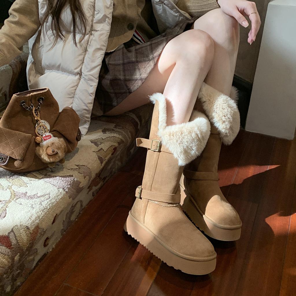 2026 Winter Edition Buckle Thick Bottom Fury Flanged Warm Cotton Shoes Mid Barrel Snow Boots for Women