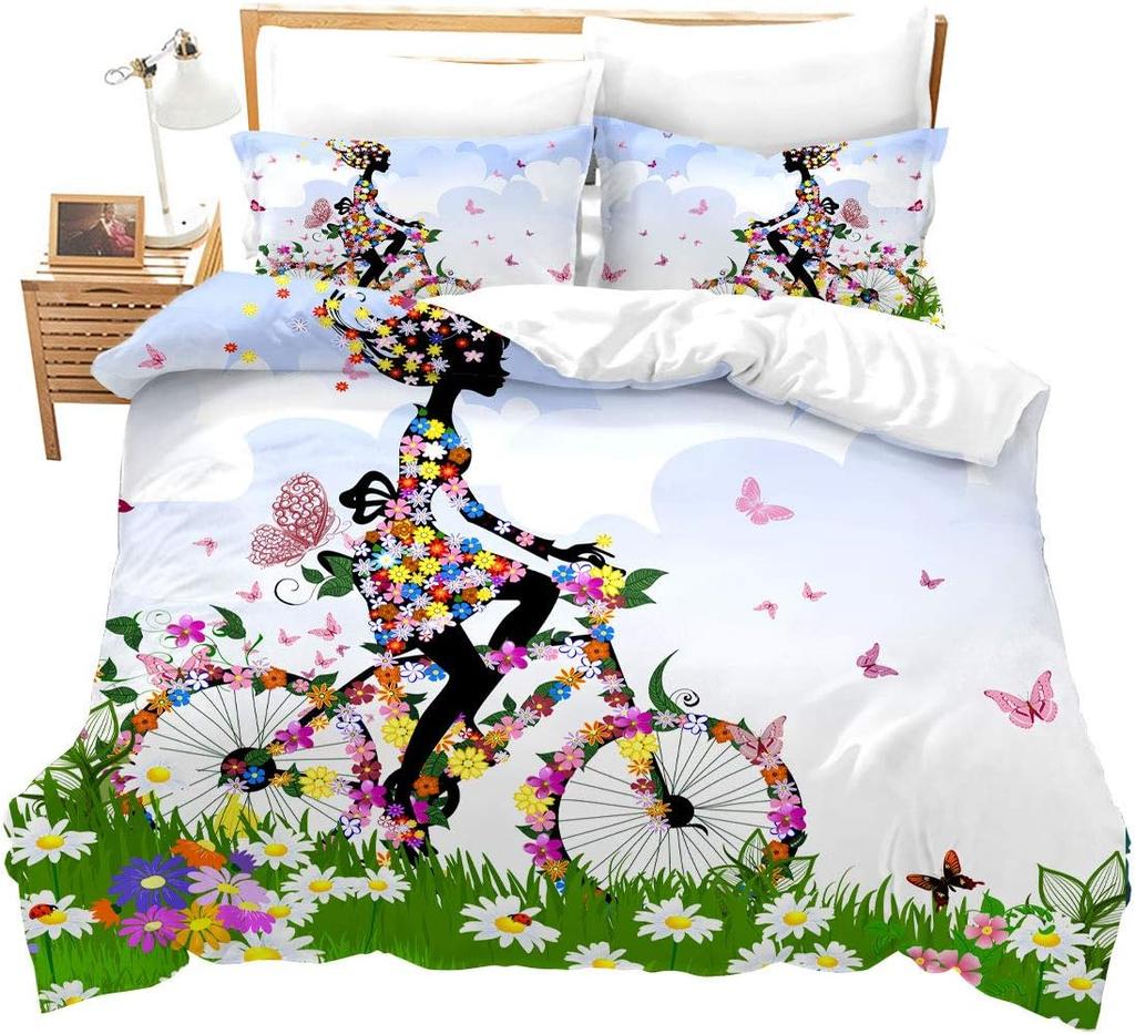 Fairy Girl with Wings Bedding Set Garden Fantasy Floral Duvet Cover Flying Butterfly Comforter Cover Colorful Flower Quilt Cover