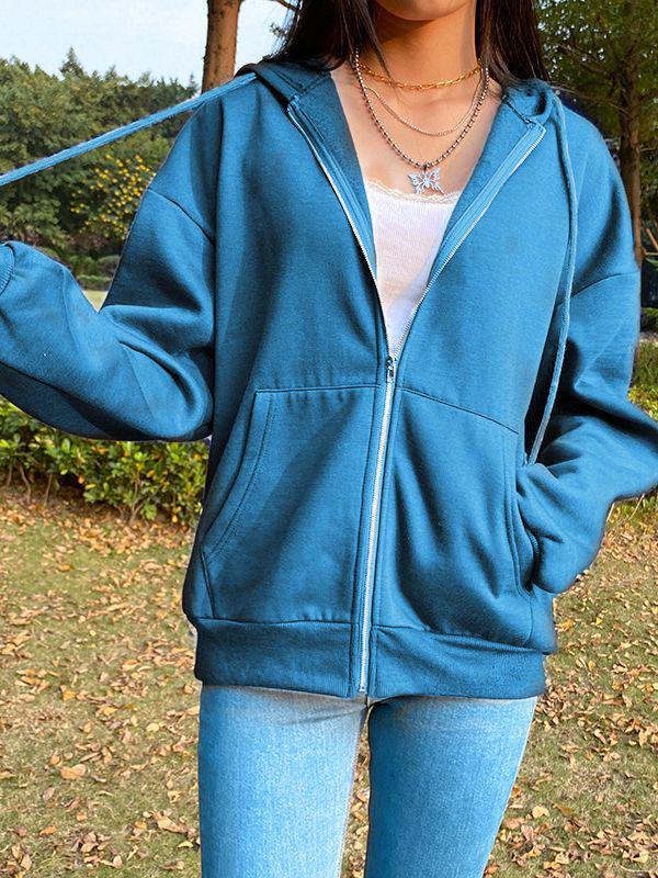 Women's Autumn 2025 Solid Color Fleece-Lined Hooded Jacket - Long Sleeve, Loose Fit, Streetwear Zipper Top