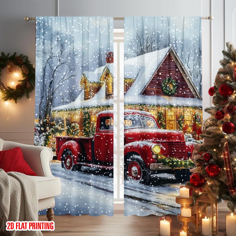 2pcs 2D Flat Printing Merry Christmas Party Curtains European Architecture Versatile Fabric Without Electricity Festive Curtains