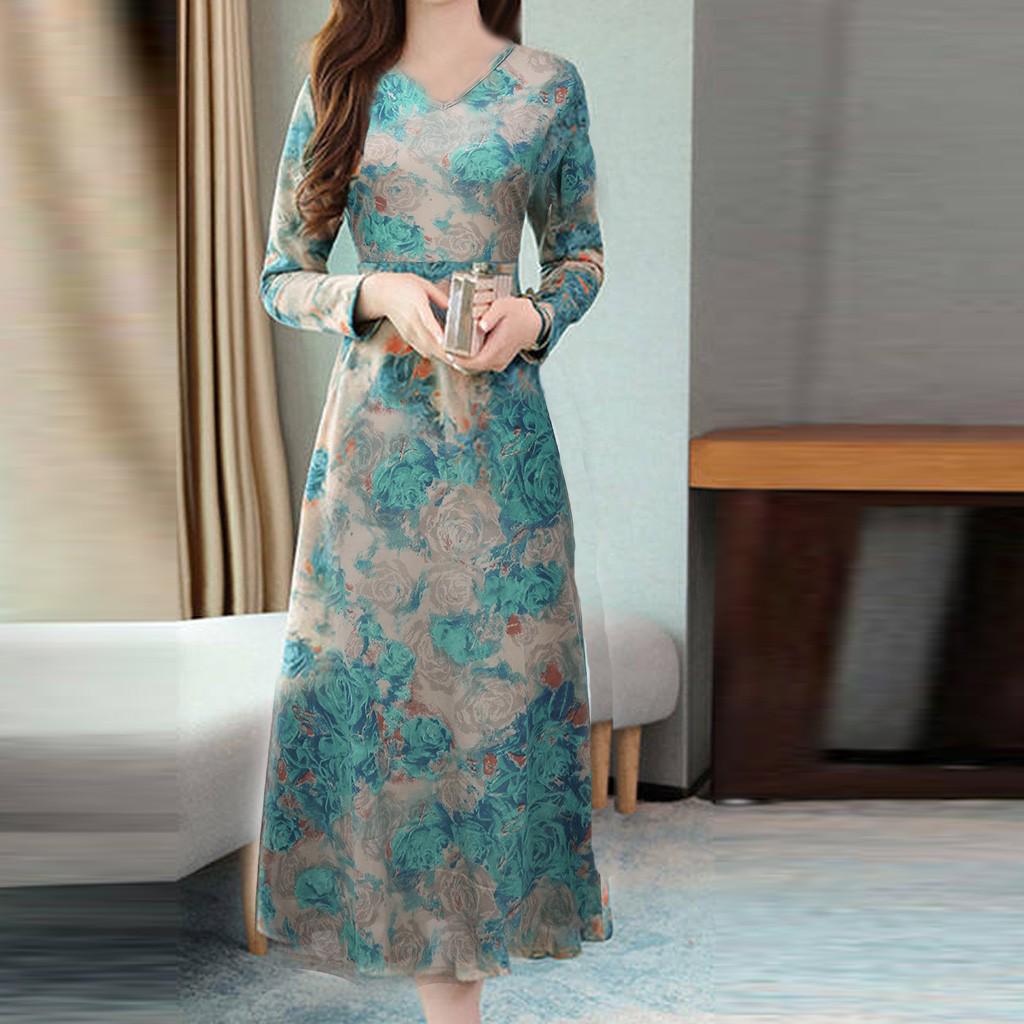 Mujeres moda señora elegante retro V-cuello manga larga impresión vestido  largo comprar a buen precio — entrega gratuita, reseñas reales con fotos —  Joom