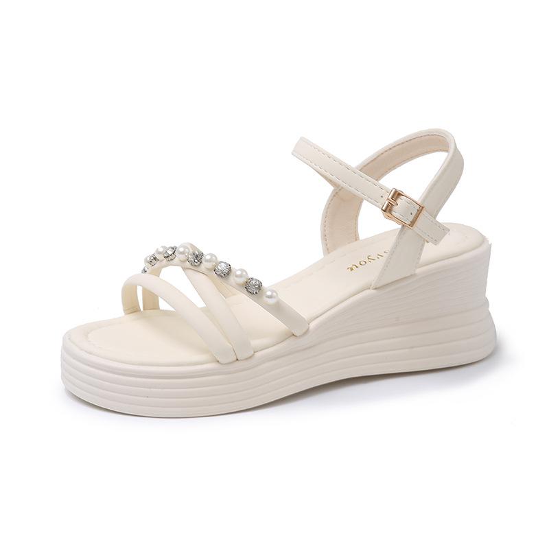 

Platform open-toed pearl sandals for women 2025 summer new one-word belt comfortable casual wedge heel beach sandals for women 35