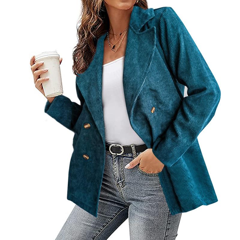 Autumn Women's Corduroy Jacket Slim Fit Solid Color Turn-Down Collar Corduroy Blazer Top