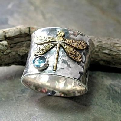 Vintage Libellenringe für Damen Mode Säureblau Kristall Damen Versprechensring Zweifarbig Vergoldet Accessoires Geschenke