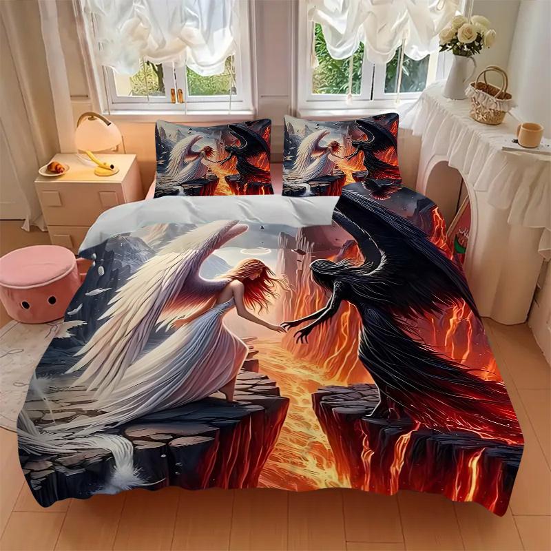 3pcs Angel vs Devil Fantasy Art Print, One Quilt Cover and Two Pillowcases (No Core), Anime Cartoon Design for Bedding Set, Home Decor, Gift