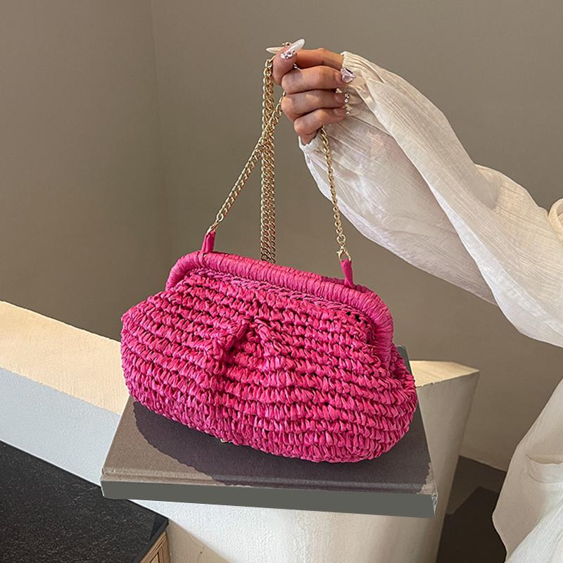 Summer Beach Fashion Hollow Out Women Clip Woven Shoulder Bag Straw Weave Chain Casual Crossbody Bags