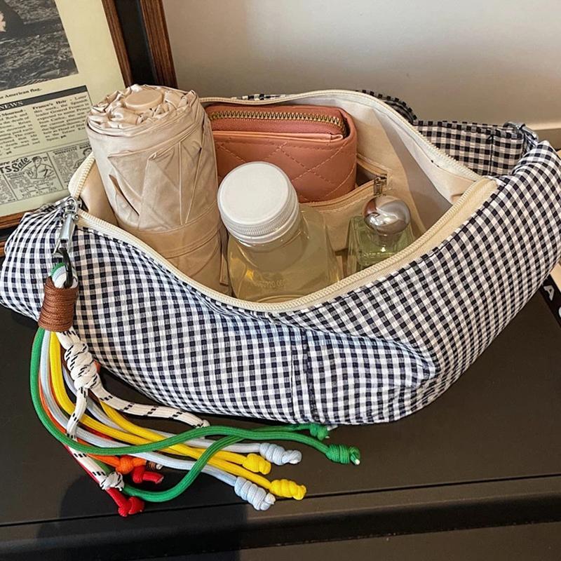 Simple Plaid Canvas Shoulder Bag Large Capacity Casual Crossbody Dumpling Shopping Bag Student Commute Niche Style