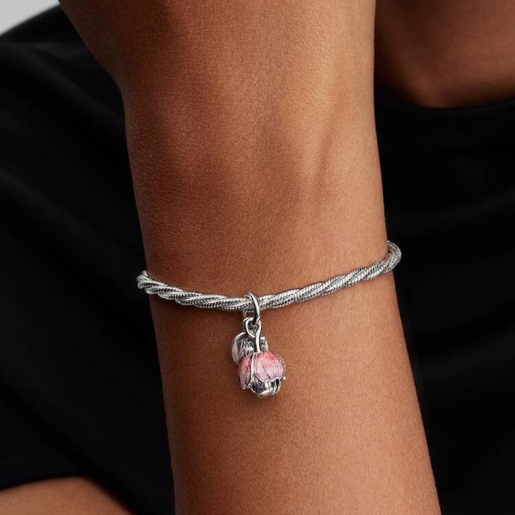 Pandora Two-Tone Blooming Flower Dangle Charm 764453C01 Sterling Silver Gold Plated