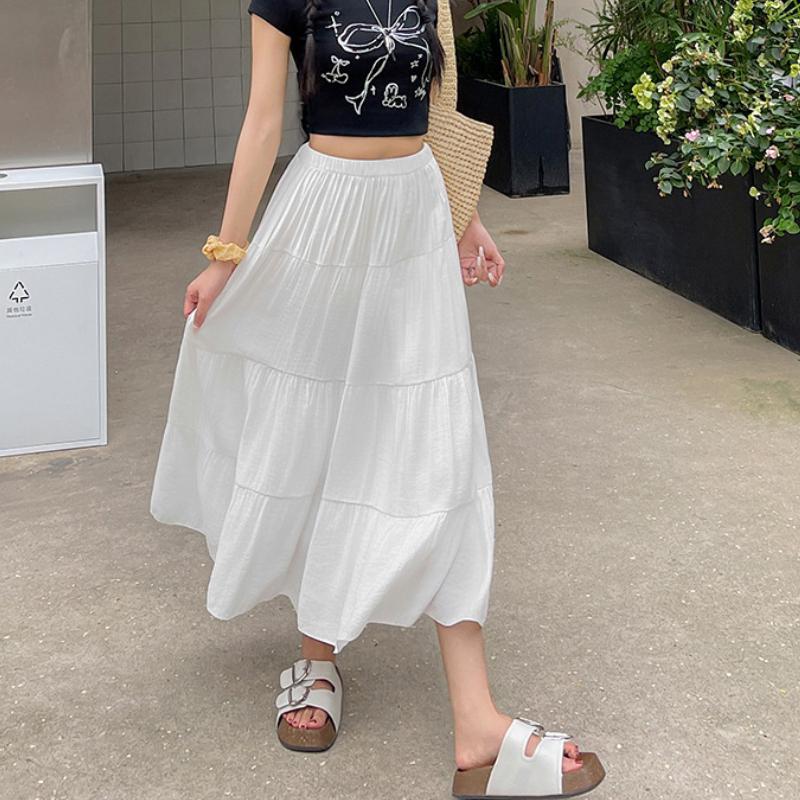 Women's Spring and Summer White Tiered Cake Skirt Elastic Waist A-Line High-Waisted Slimming Long Skirt Breeze Half Skirt