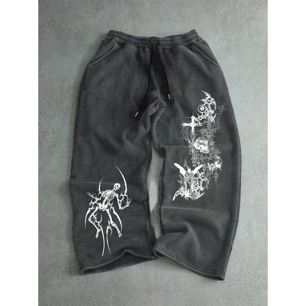 Men's Casual Straight Leg Pants with Loose Polyester Sports Pants Featuring Dark Gothic Skull Print, Retro Street Style