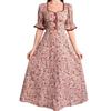 Women's Summer French Dress Floral Waist Dress with Puffy Sleeves