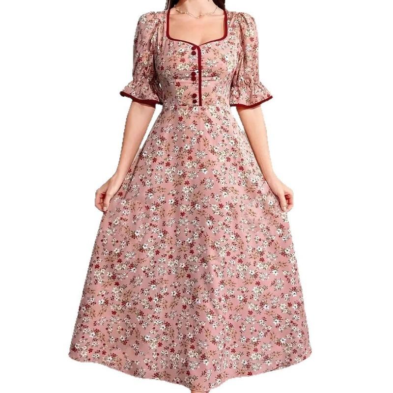 Women's Summer French Dress Floral Waist Dress with Puffy Sleeves