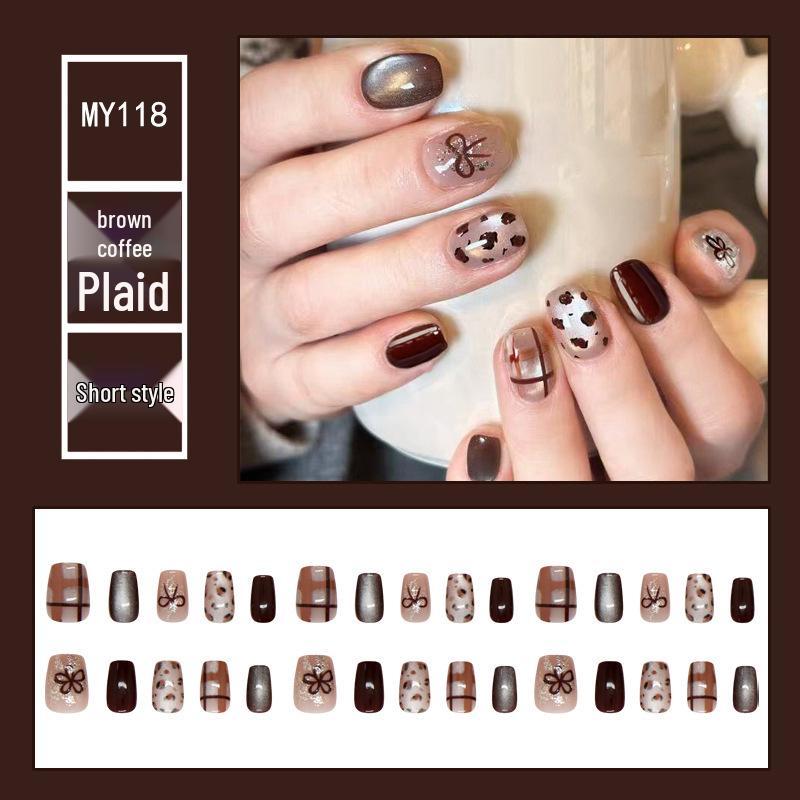

Brown & Beige Plaid Flower Bow Sparkly Cat Eye Short Nails - Retro Autumn/Winter Fake Nail Tips