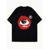 Übergroßes T-Shirt-Kleid Schwarz Mit Augen- Und Lippenprint Mit Eingetragenem Warenzeichen Grafik Lässige Streetwear Mode Statement-Stück Für Damen