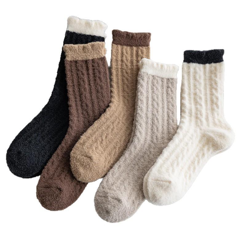 Women's Mid-calf Socks for Autumn and Winter, Thick and Warm Mink Fleece with Linen Patterns, Long Home Sleeping Socks