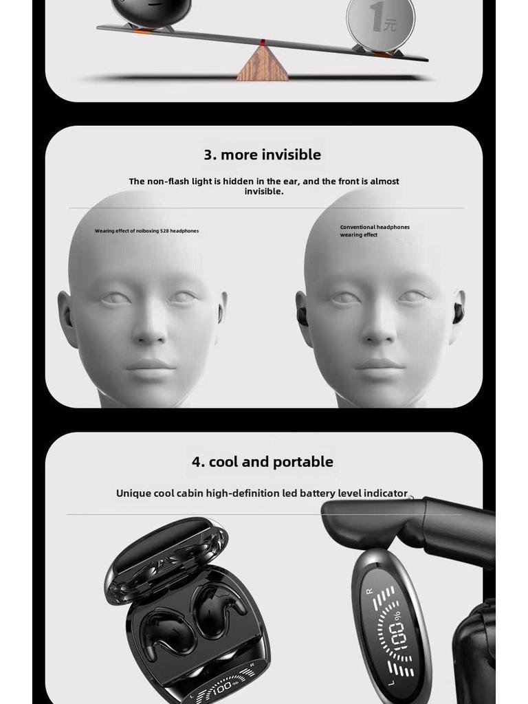 MD528 Bluetooth Headset: TWS Dual-Ear Comfortable On-Ear Style for Sleeping, Long Battery Life.