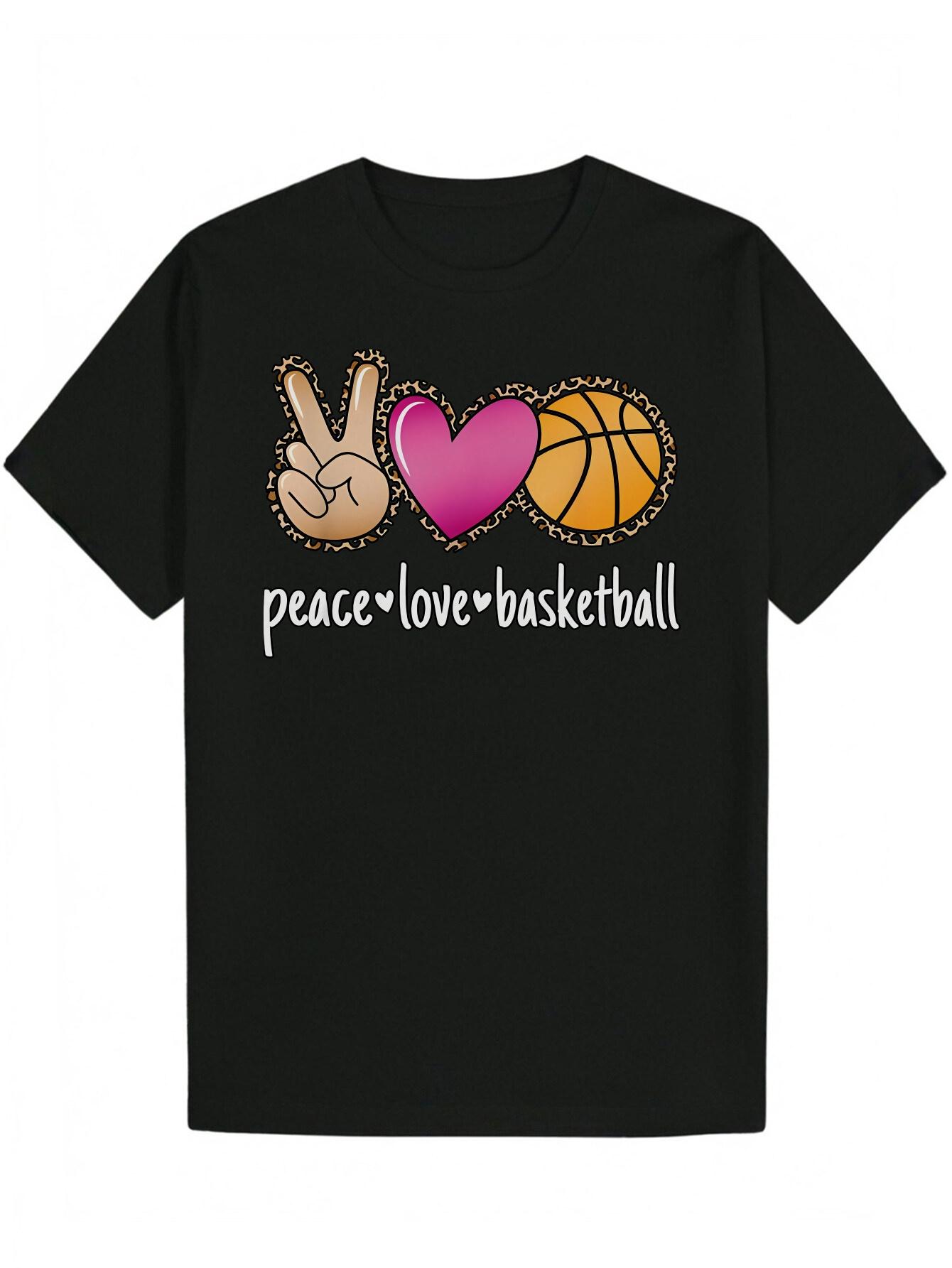 Graphic T-shirt - Peace Love Basketball Design with Leopard Print Peace Sign & Orange Basketball S