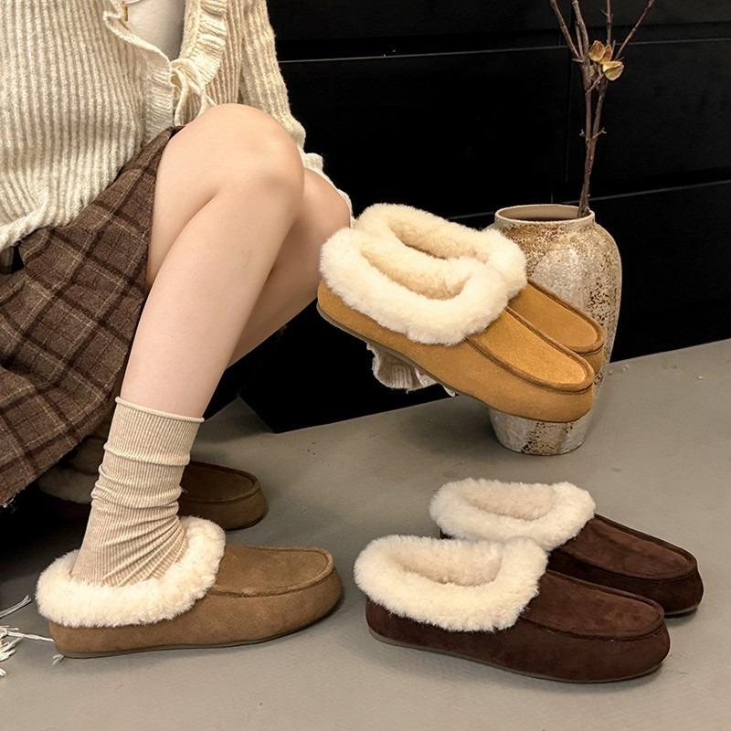 Flat-bottomed warm shoes for women, fur integrated slippers for women, lazy shoes for women in autumn and winter