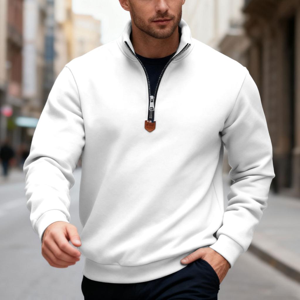 Men's Autumn/Winter Heavyweight Fleece Sweatshirt with Embroidered Logo Design, Half-Zip Stand Collar