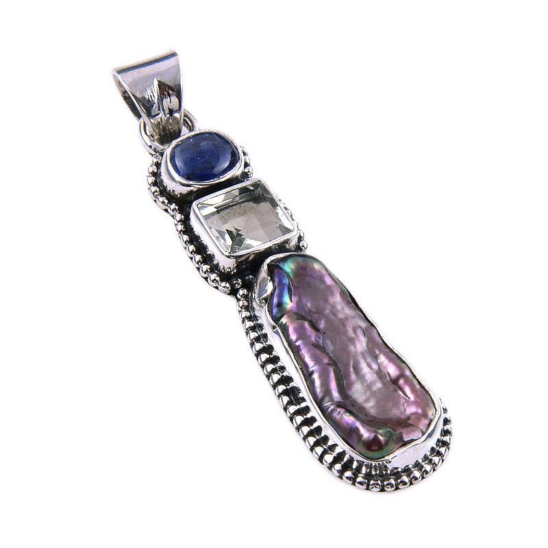 Natural Biwa Pearl, Green Amethyst 925 Solid Sterling Silver Pendant 2'' J3f87