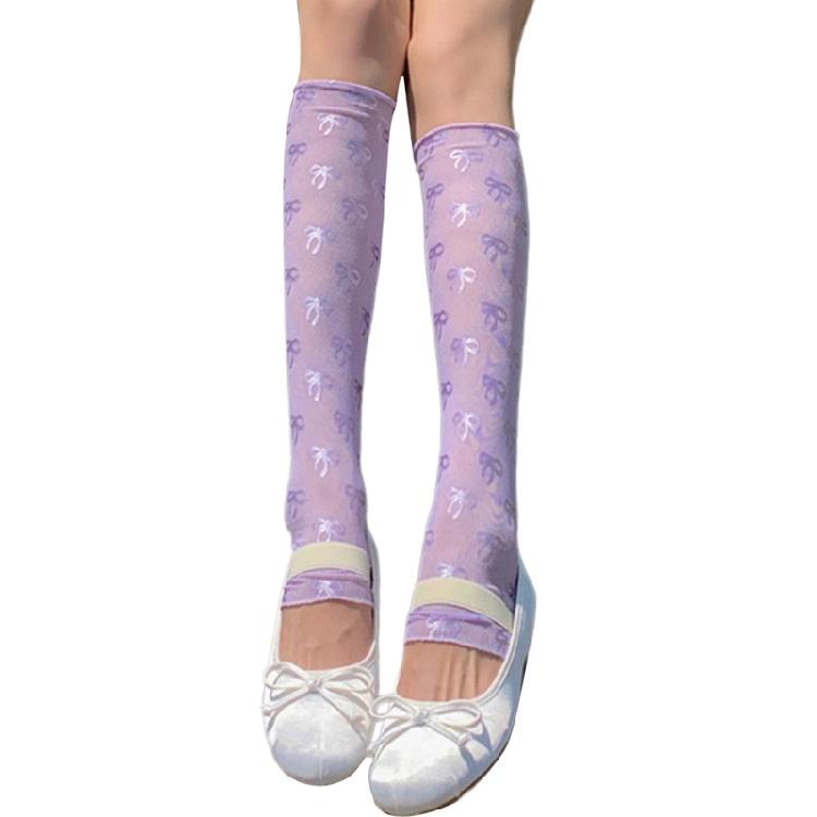 Womens Ultrathin Arm Leg Warmers Sweet Bowknot Pattern Solid Color Long Fingerless Gloves Ice Silk Arm Leg Sleeves Cover