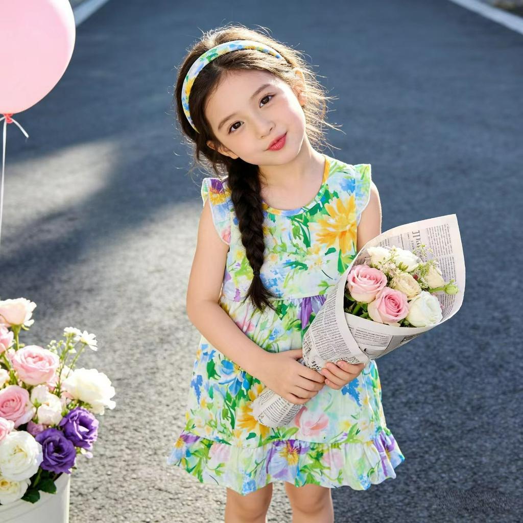 Children's Cotton Silk Skirt Summer Thin Girls Floral Flying Sleeve Dress Lady Treasure Princess Western Style