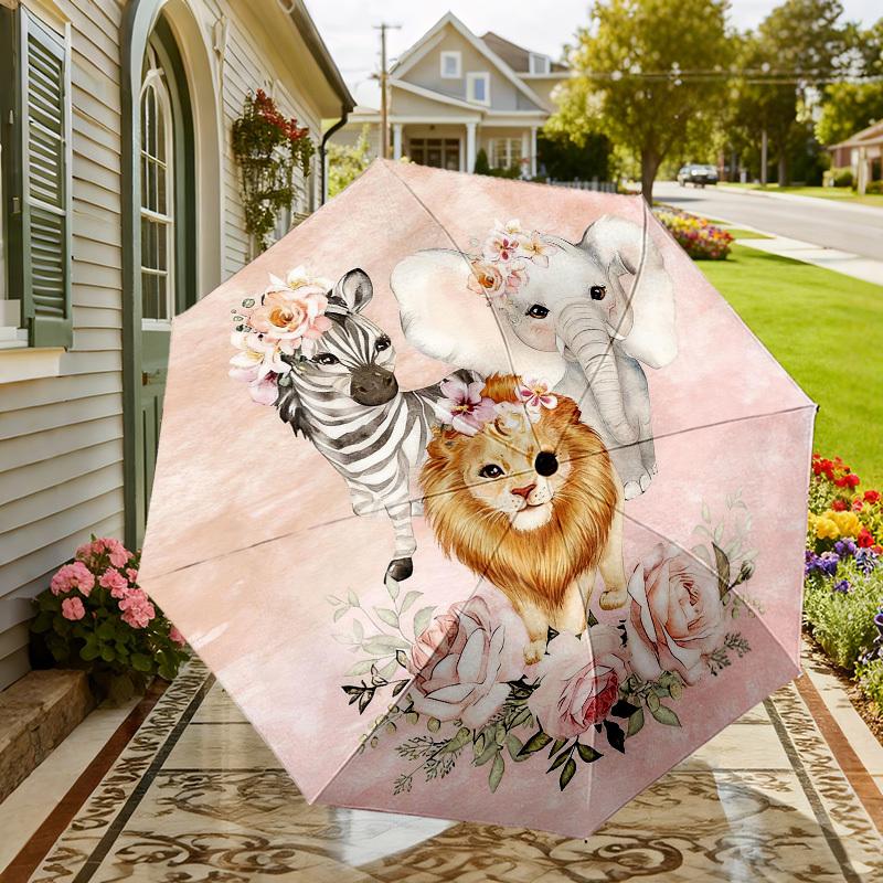 1pc Zebra Elephant Automatic Folding Umbrella, Heavy Duty 8 Rib Iron Frame,  Suitable for Travel, Daily Use, Birthday, Decor Gift m0104043