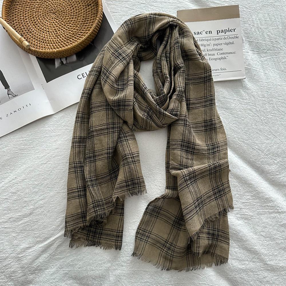 Korean Retro All-match Plaid Retro Style Women's Autumn New Style Cotton and Linen Literary Thin Shawl Scarf Dual-use