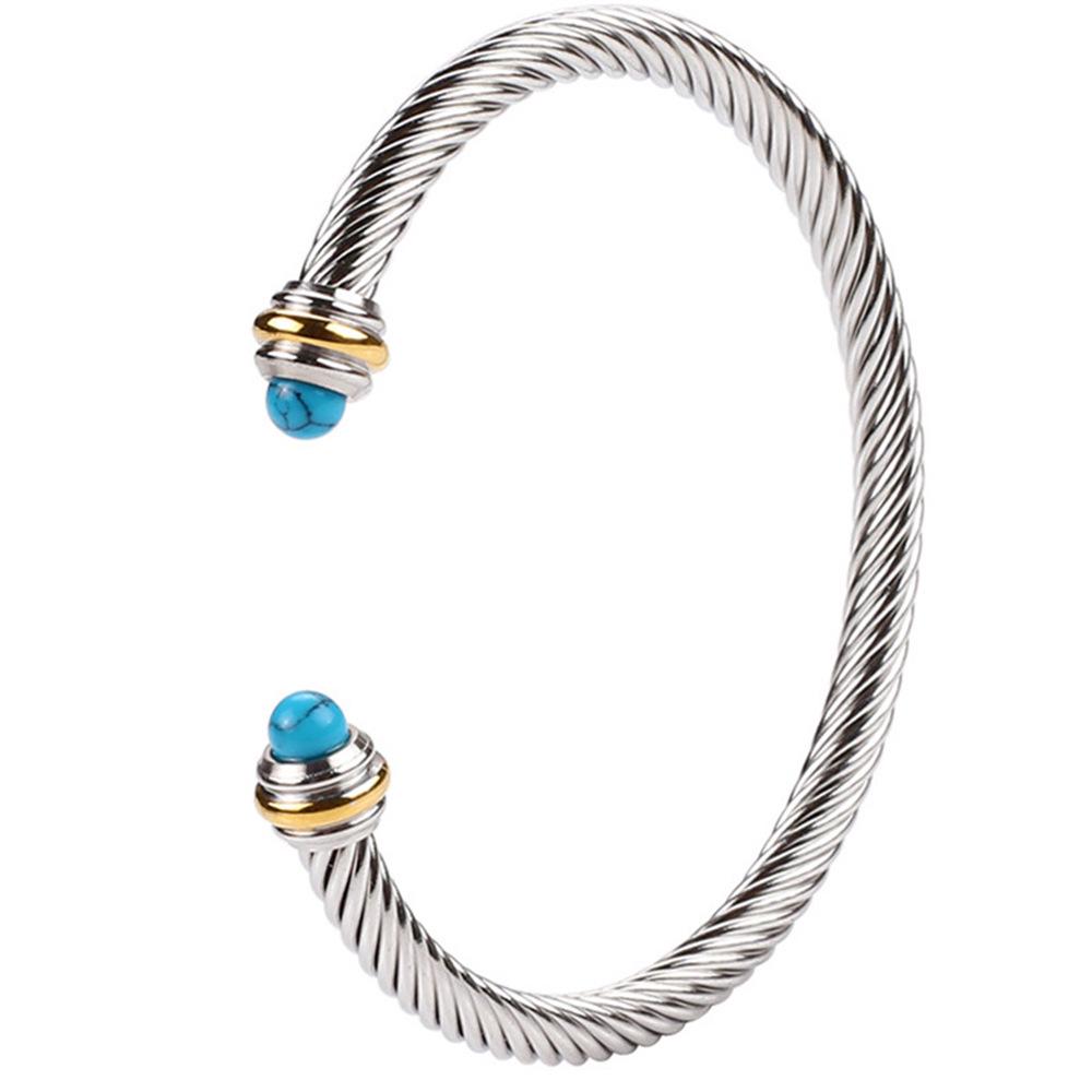 Women's Stainless Steel Wire Bracelet with Black/White Beads, Turquoise Crystals, and Pearl Accents
