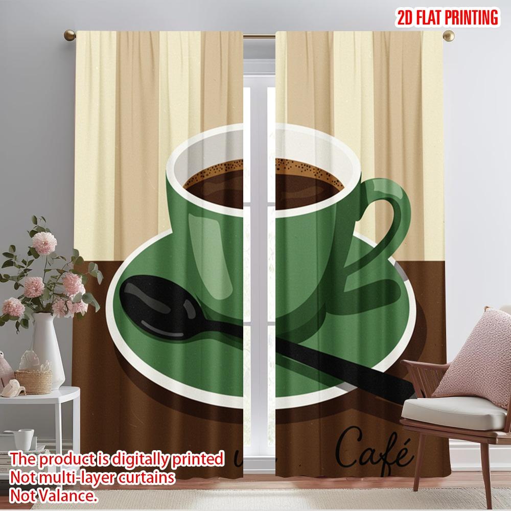 2pcs 2D flat printing Curtain Green Coffee Cup Spoon Fabric Without Electricity All Season Party & Holiday Decor Perfect for